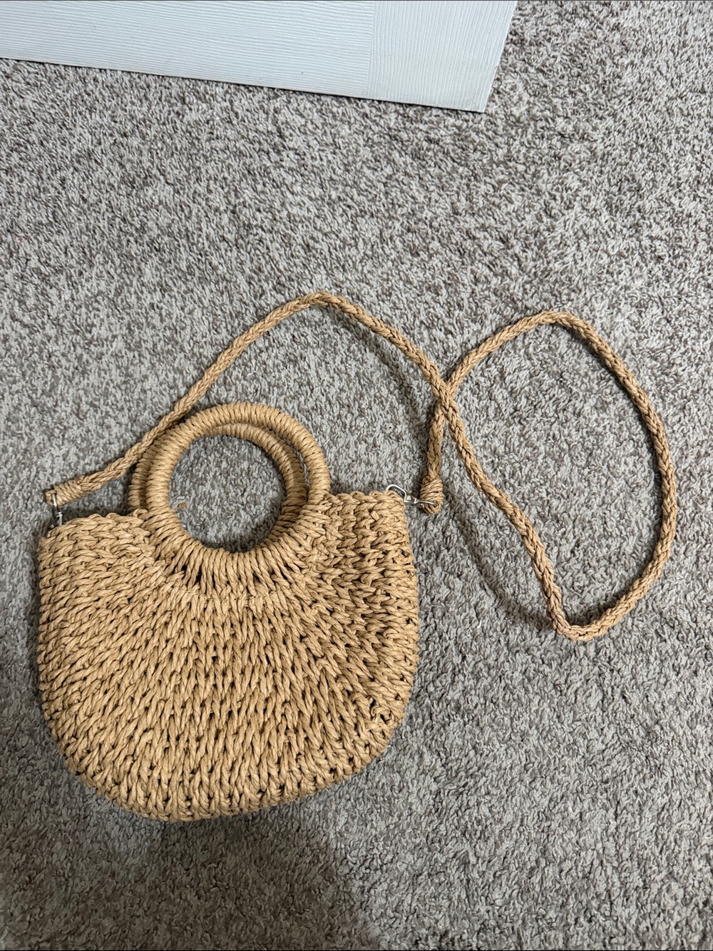 Women's Tan Rattan Woven Crossbody Bag with Removeable Strap and Pocket
